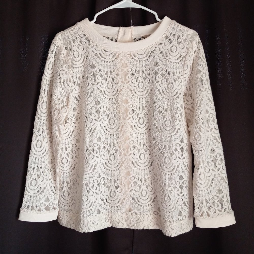 Banana Republic Cream Sheer Lace Button Up Back Blouse Size L